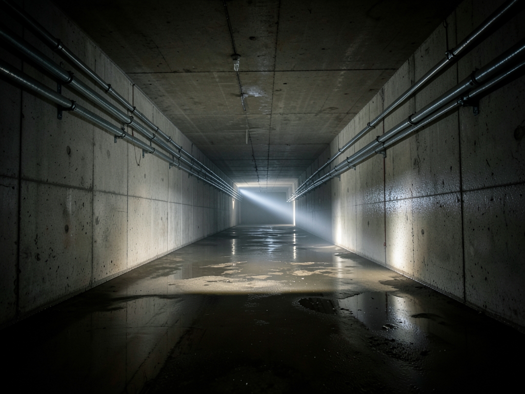 vast empty underground concrete tunnel with single slow moving