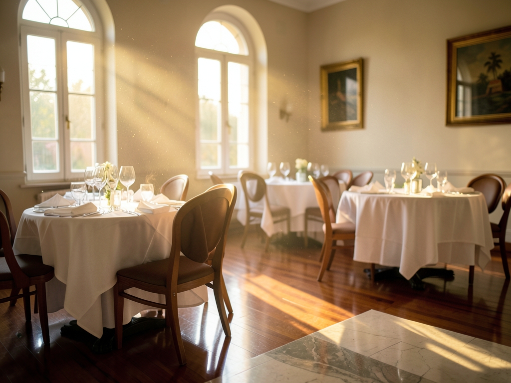 Empty elegant dining room soft morning light linen draped