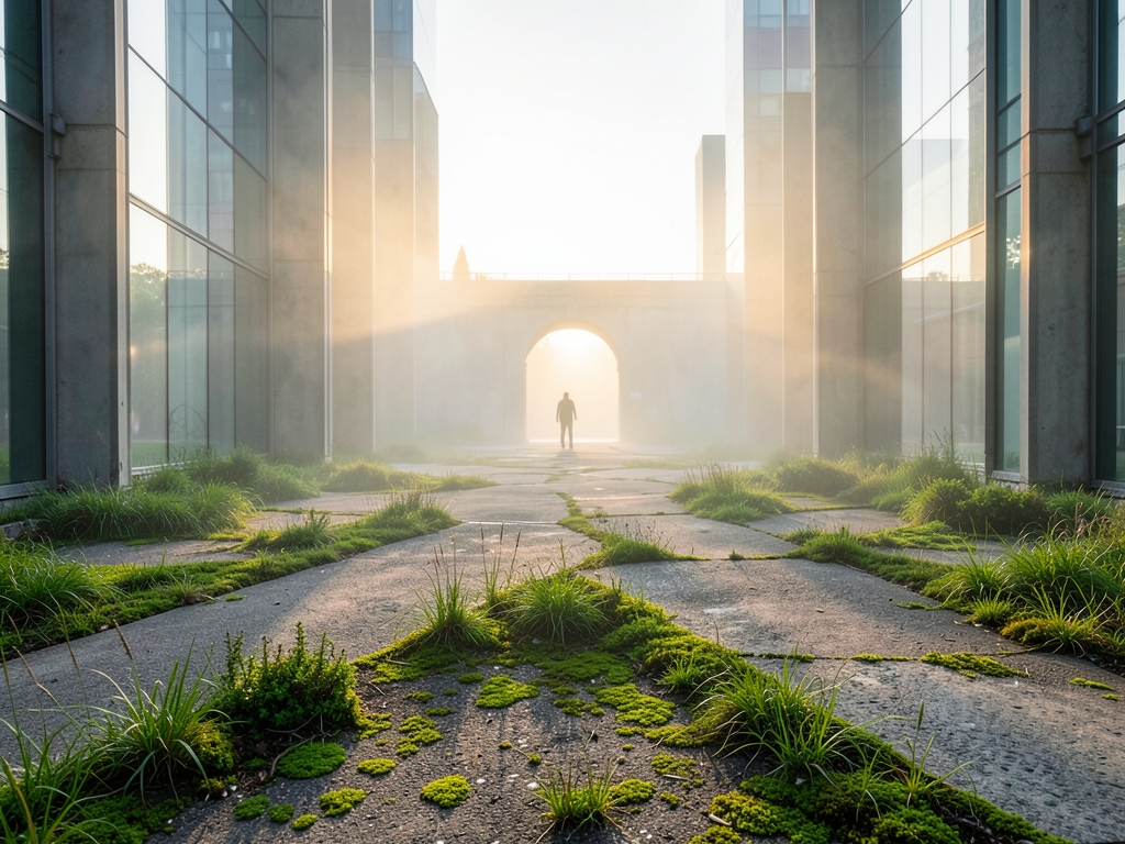 sun bleached concrete plaza dawn geometric walkways overgrown with