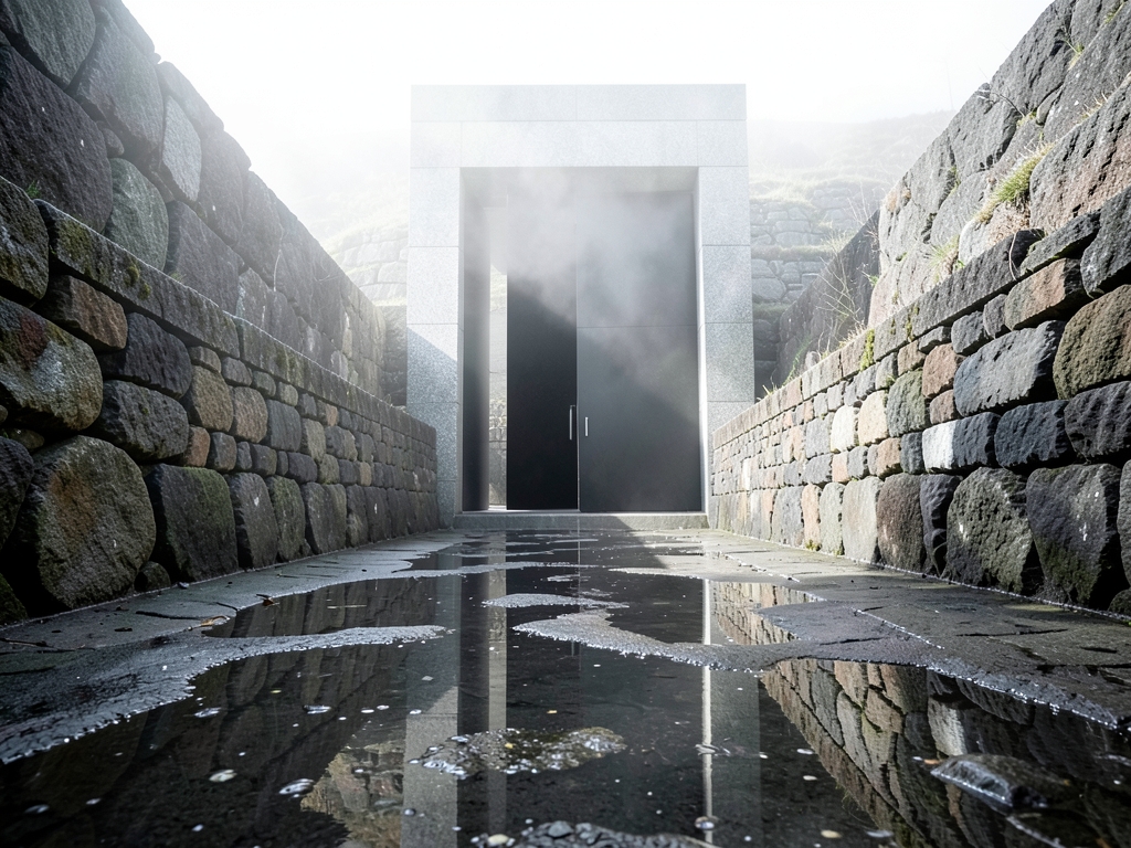 long empty stone corridor leading massive unadorned granite