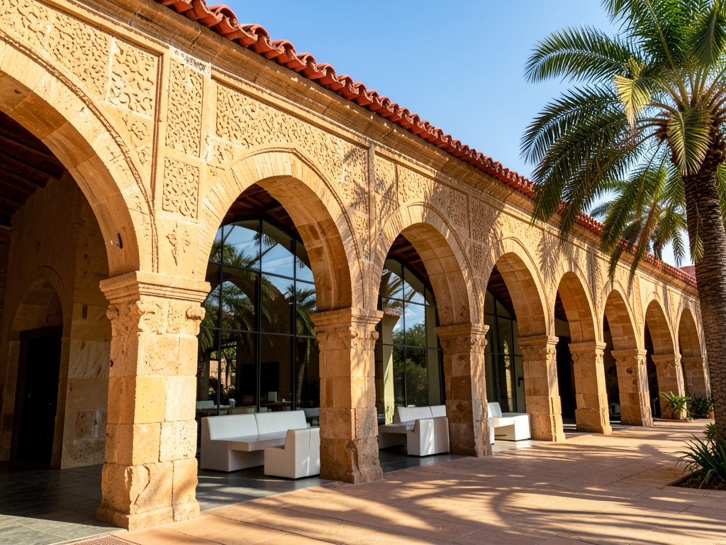 Sun drenched sandstone arcades with tile roofs frame modern