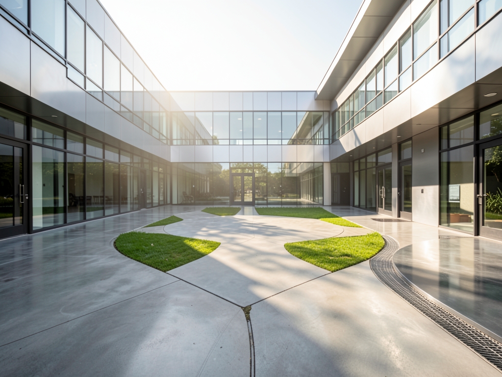 sunlit research courtyard glass brushed steel where winding