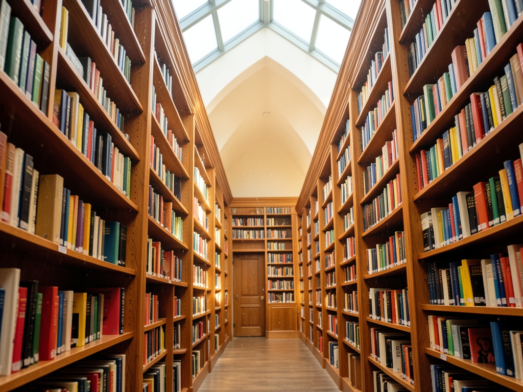 quiet library atrium with towering bookshelves vaulted skylights