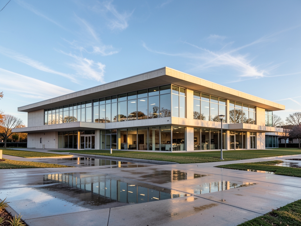 sunlit modernist research building Stanford clear morning glass