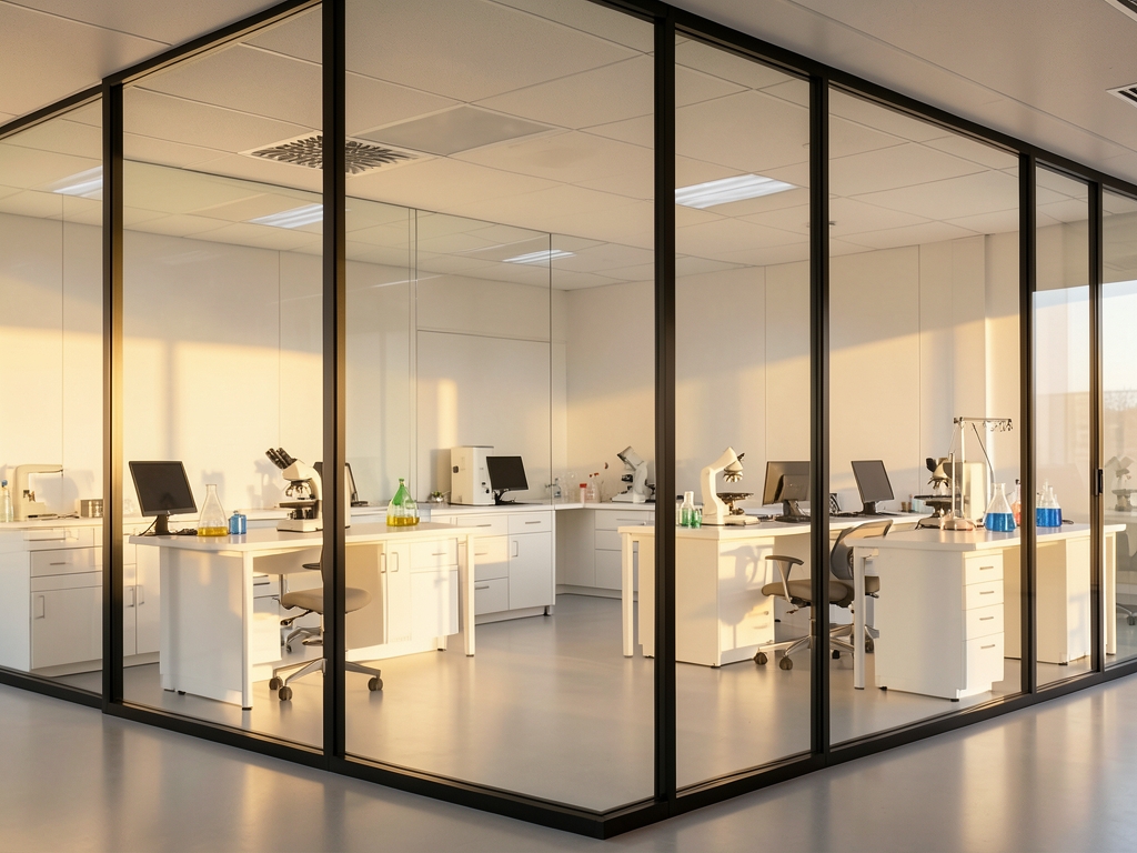 vast glass walled laboratory interior bathed diffused golden afternoon