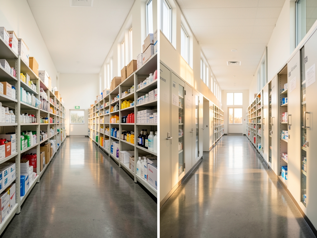 sunlit hospital supply room with white walls polished