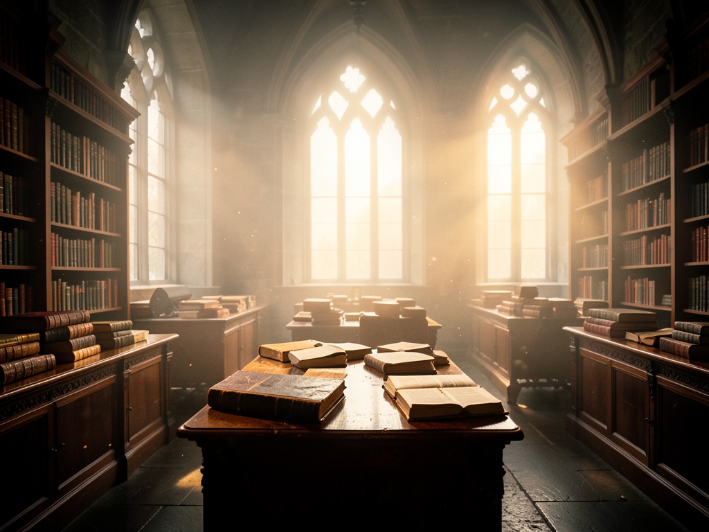 stone library dawn with pressing against tall arched