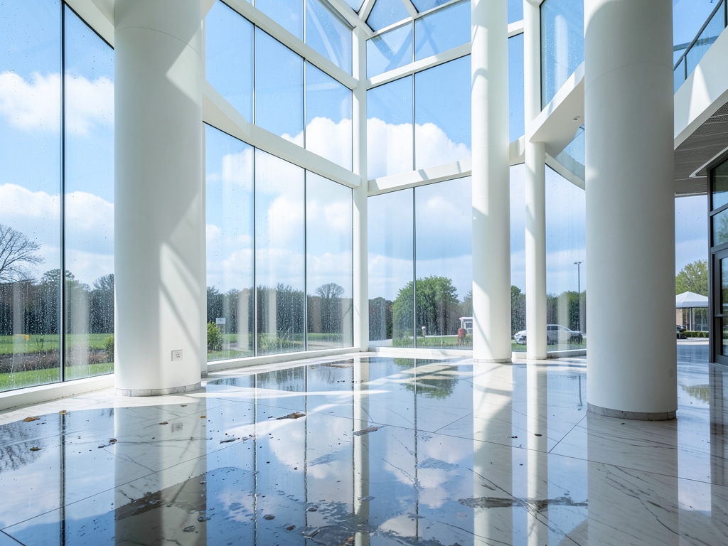sunlit glass atrium after storm polished marble floors