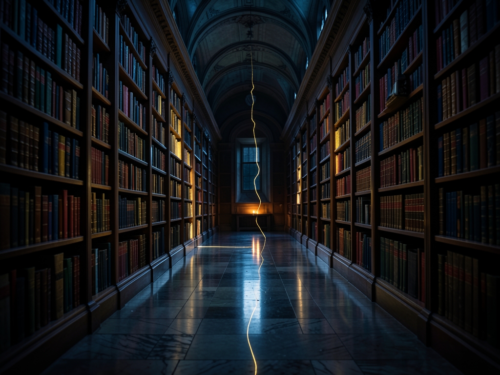 vast dimly library corridor with single broken thread
