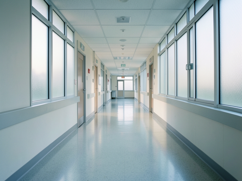 long empty hospital corridor dawn pale diffused light