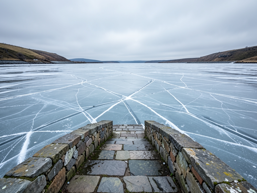 stark minimalist landscape frozen river winding through grey