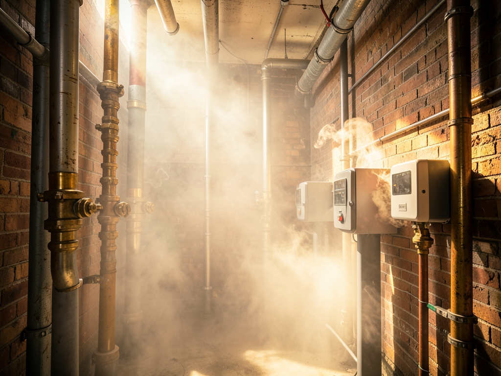 Sunlight filters through misty industrial pipes retrofitted communal