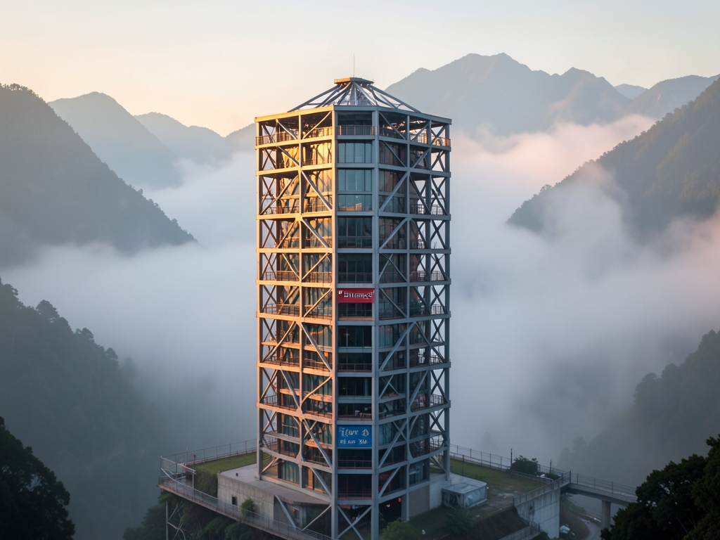 Wide angle view modern high rise building nestled misty mountain