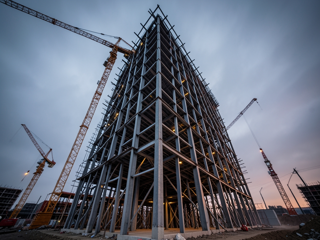 Unfinished steel skeleton high rise dusk under overcast sky