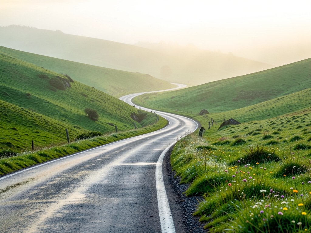Winding rural roads through rolling green hills soft