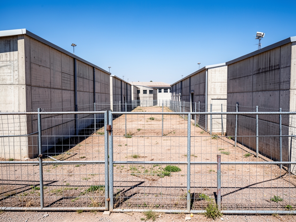 Rigid grid concrete warehouses fenced yards under harsh