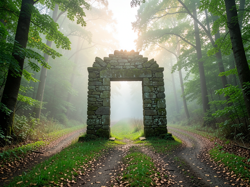 Misty crossroads with weathered stone gateway diverging forest
