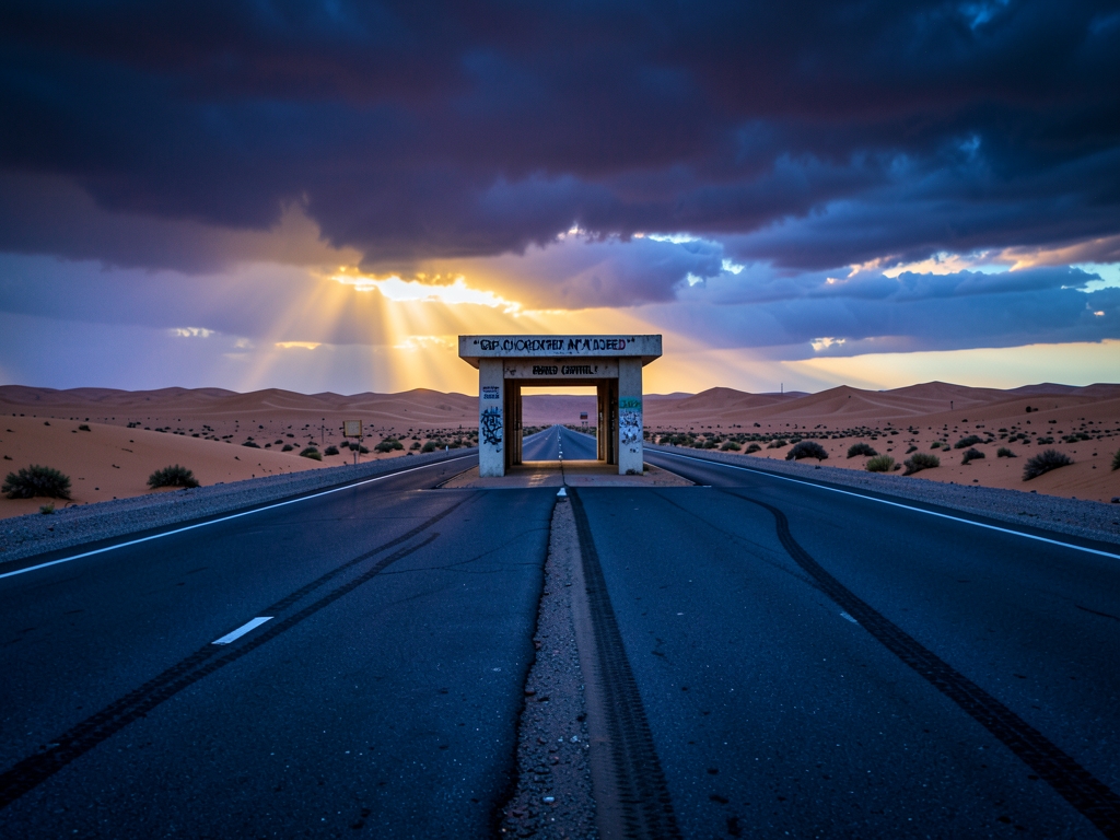 Vast empty desert highway splitting around lone concrete