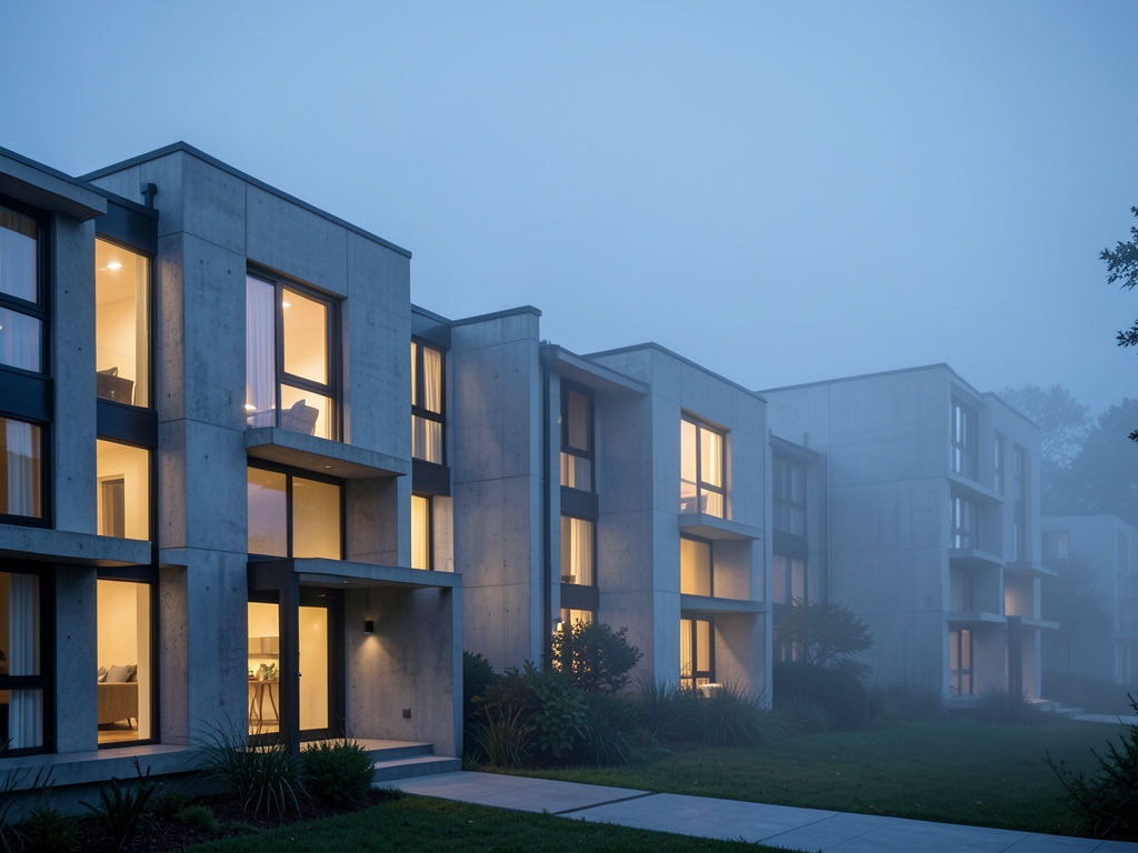 Twilight view contemporary housing complex featuring warm interior