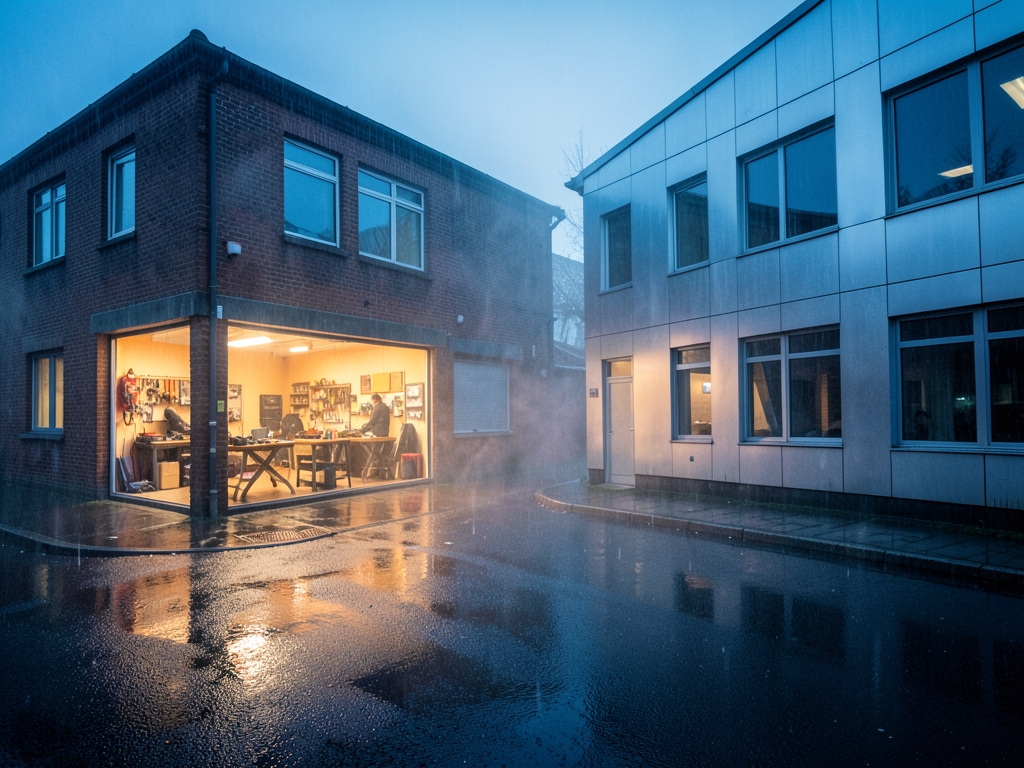 Rainy blue hour crossroads between warm brick retraining workshop