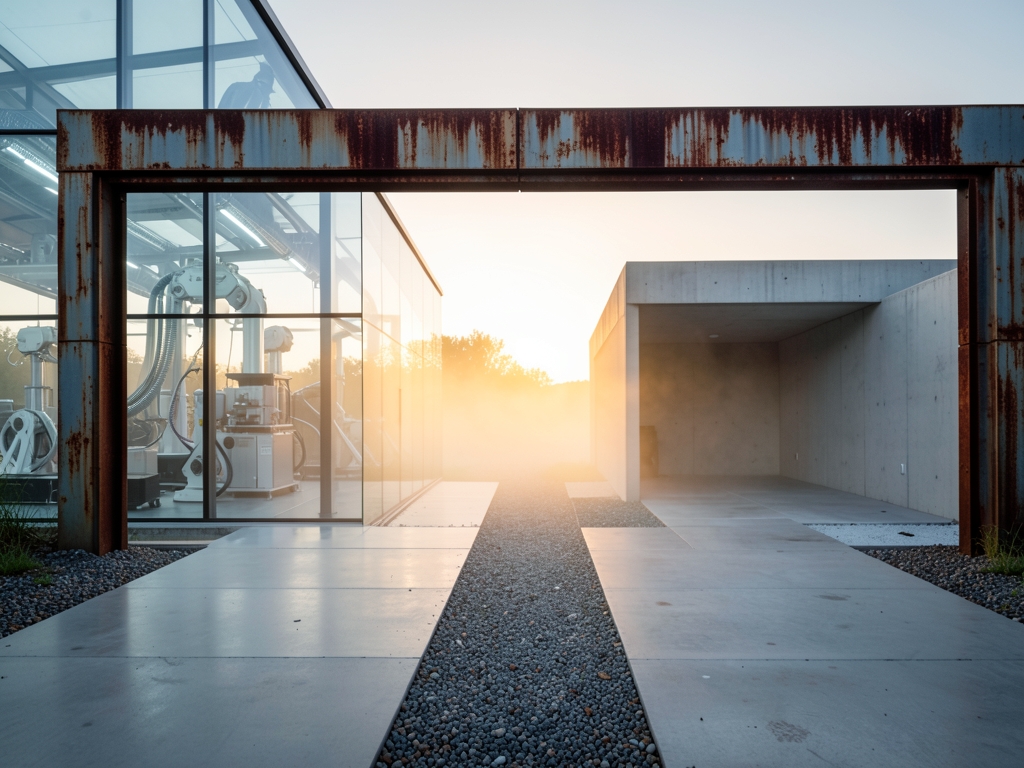 Dawn industrial gateway with diverging pedestrian paths across