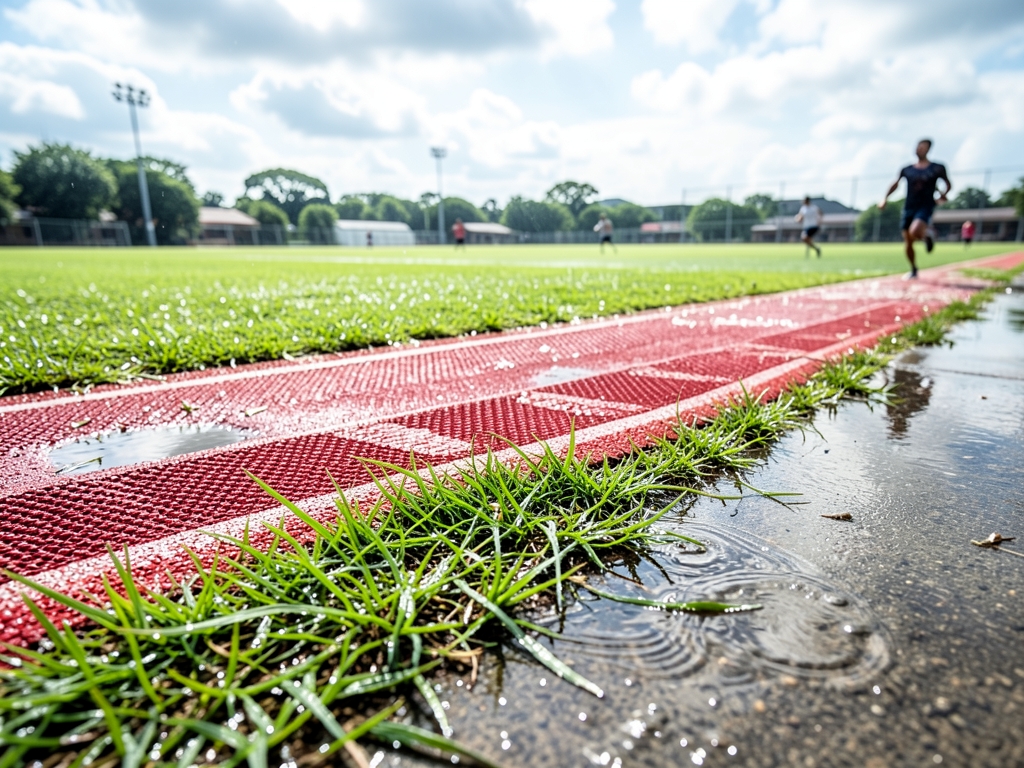 Open campus running field after light rain with