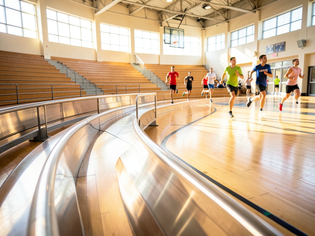 Sunlit university athletic hall with curved indoor track
