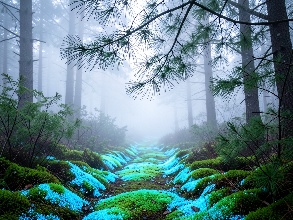 misty forest path where bioluminescent moss pulses rhythm