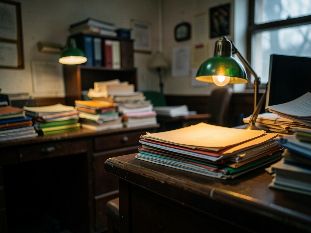 cramped back office with wooden desks piled with