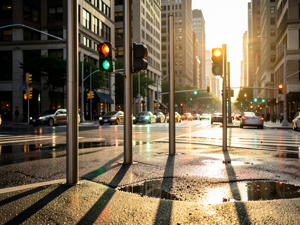 Sun drenched urban intersection with sleek geometric traffic poles