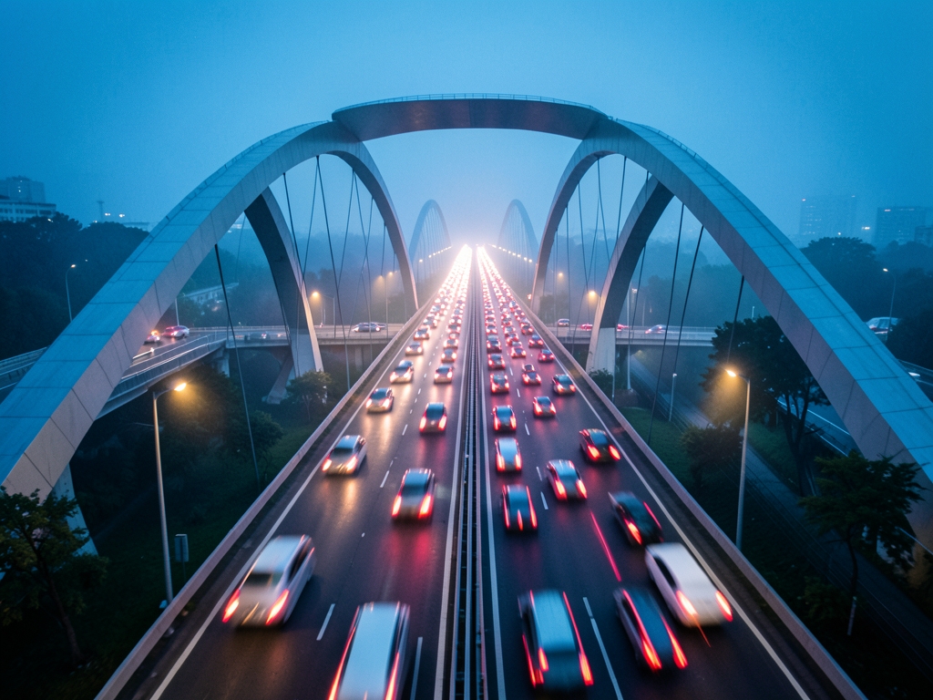Aerial view multi lane highway twilight where vehicles move