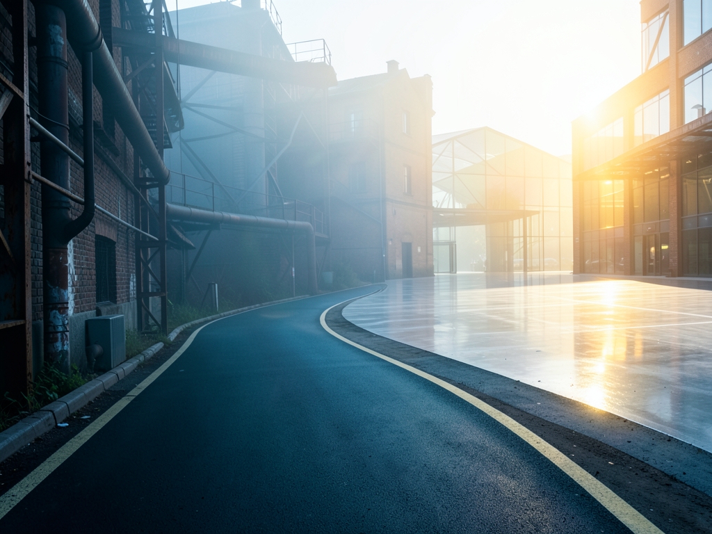 winding smooth asphalt path cutting through dense foggy