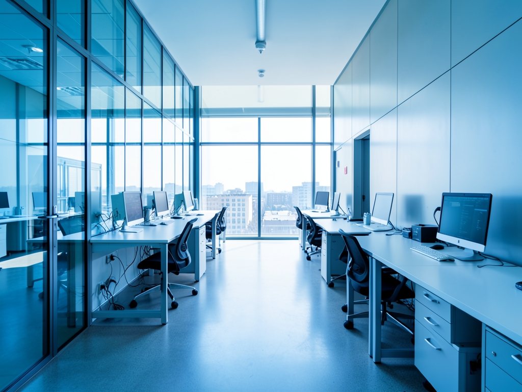 modern glass and steel research interior bathed cool crisp morning