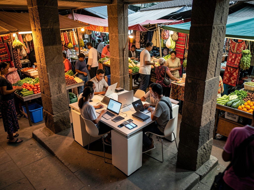 modern digital nestled within bustling Salaam market characterized