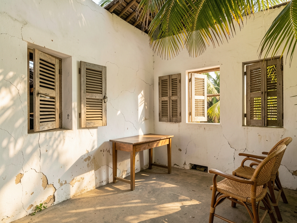 sun drenched coastal clinic Zanzibar with white washed walls open