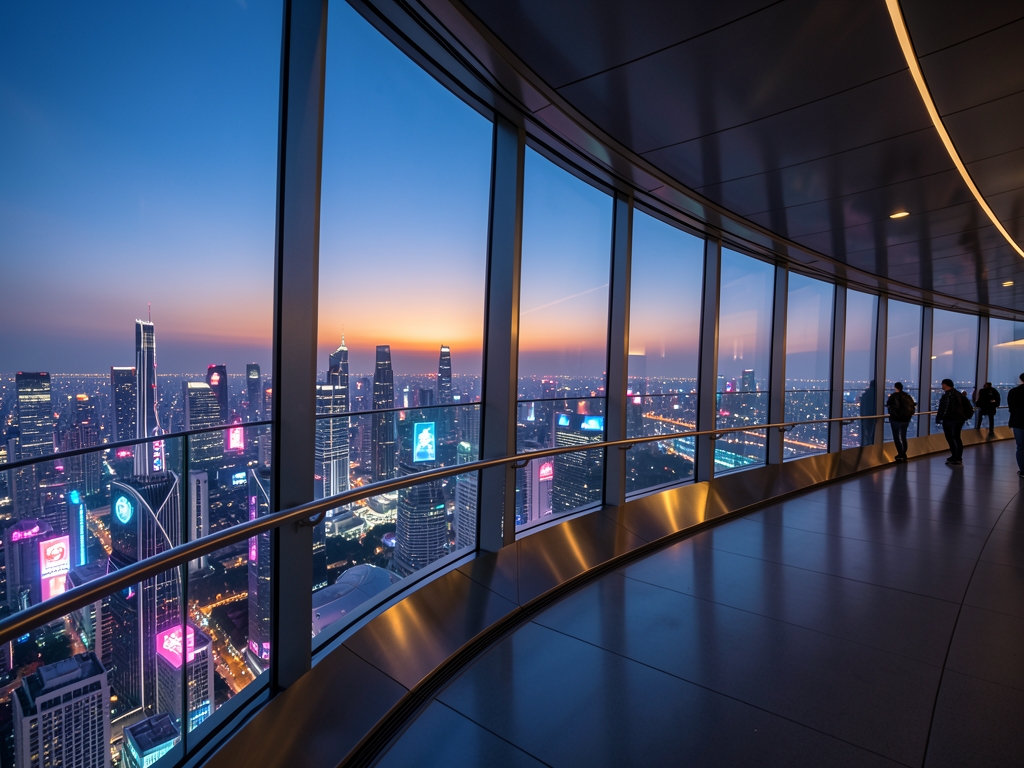 sleek glass and steel observation deck overlooking sprawling futuristic cityscape