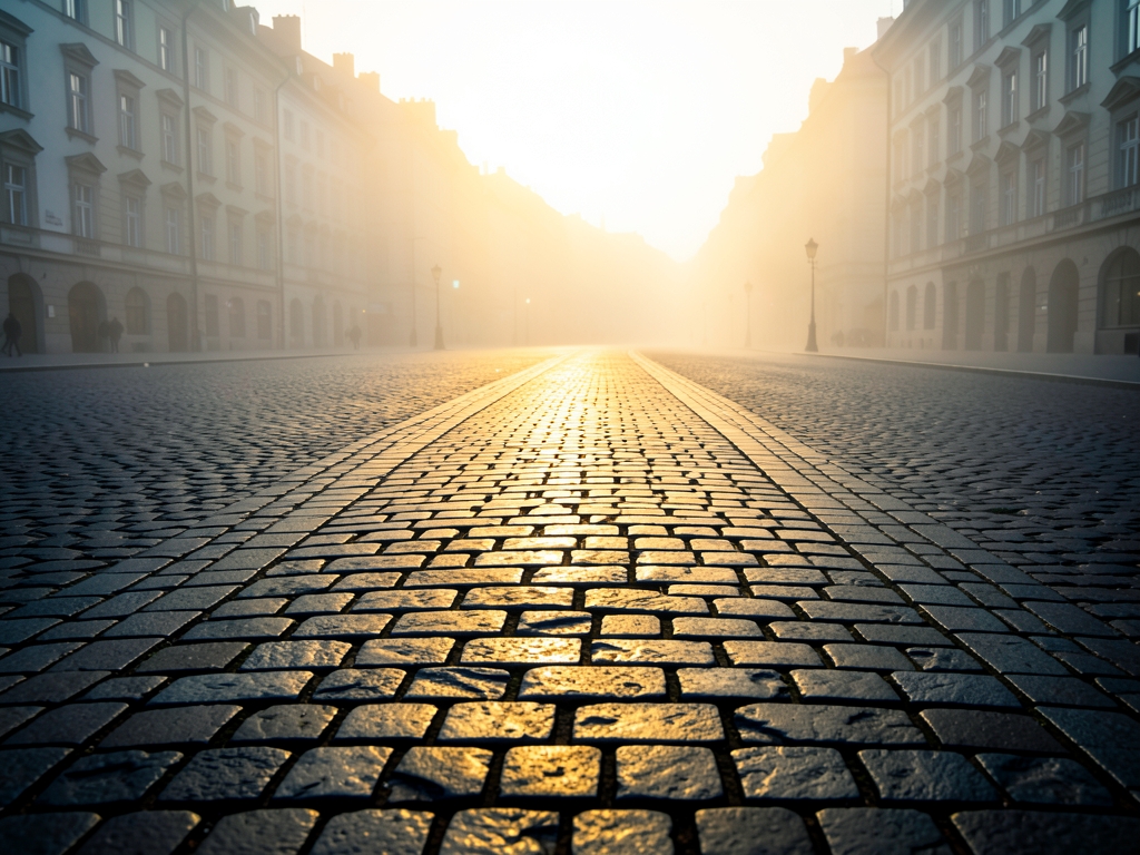 long sunlit cobblestone path winding through misty European