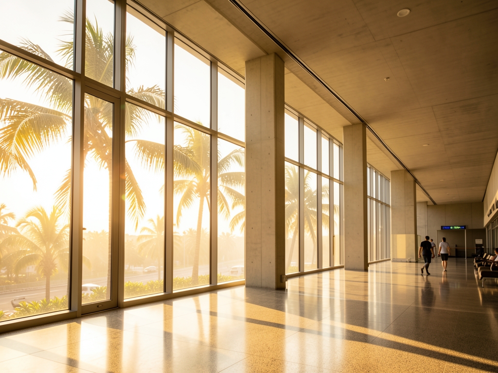 sun drenched airport terminal with pale concrete walls warm