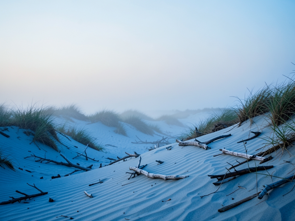 Misty dawn settles over windswept coastal dune landscape
