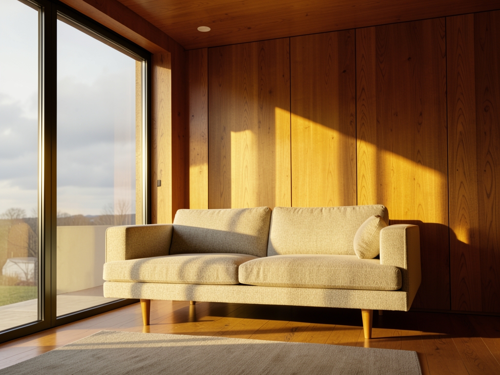 sunlit mid century modern living room with teak wood