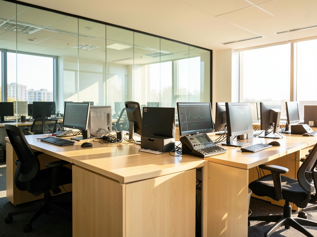 Sunlit open plan analytics workspace with glass partitions pale