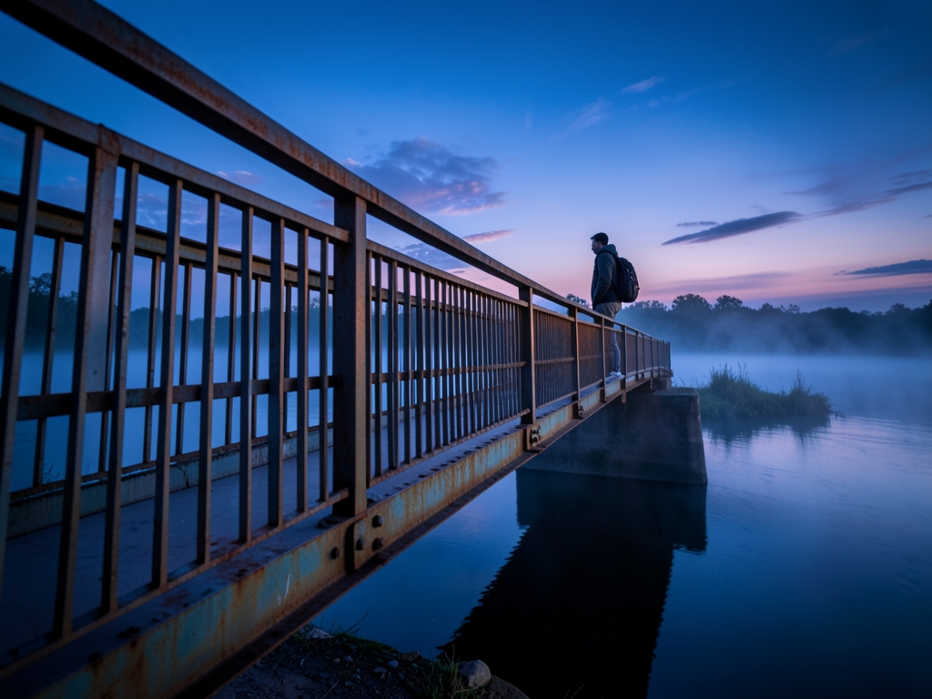 Twilight footbridge over still river cool mist steel