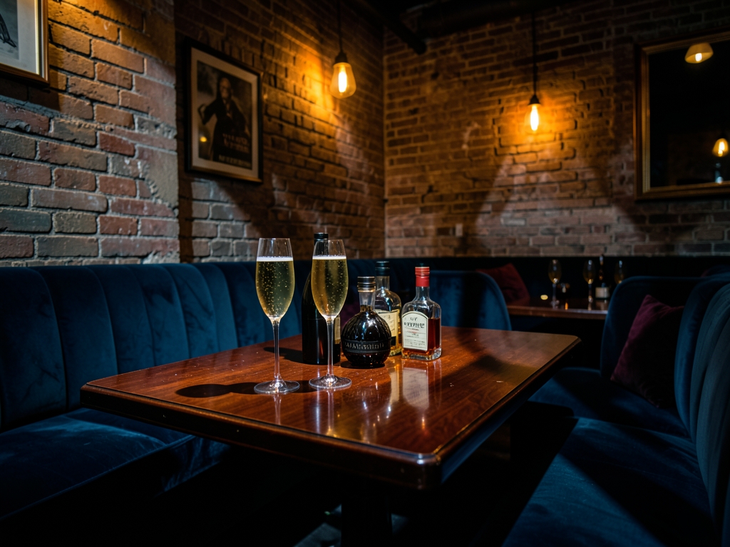 Dimly speakeasy lounge with exposed brick velvet banquettes
