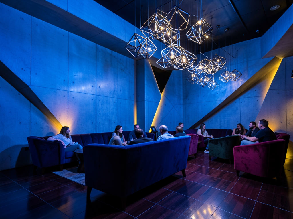 Sleek modern nightclub interior featuring geometric concrete walls