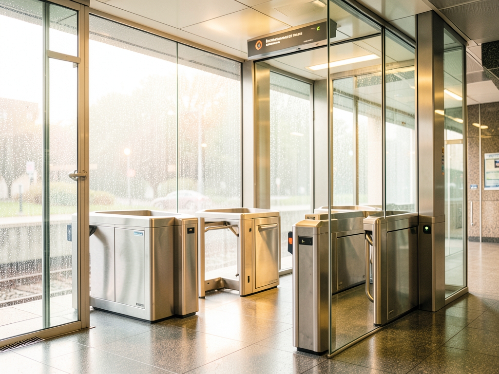 Bright modern subway entrance with steel turnstiles glass