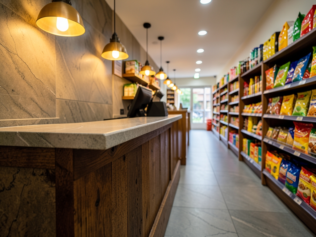 Warm small grocery checkout counter with wood stone