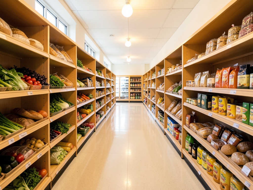 wide interior shot brightly grocery aisle with natural