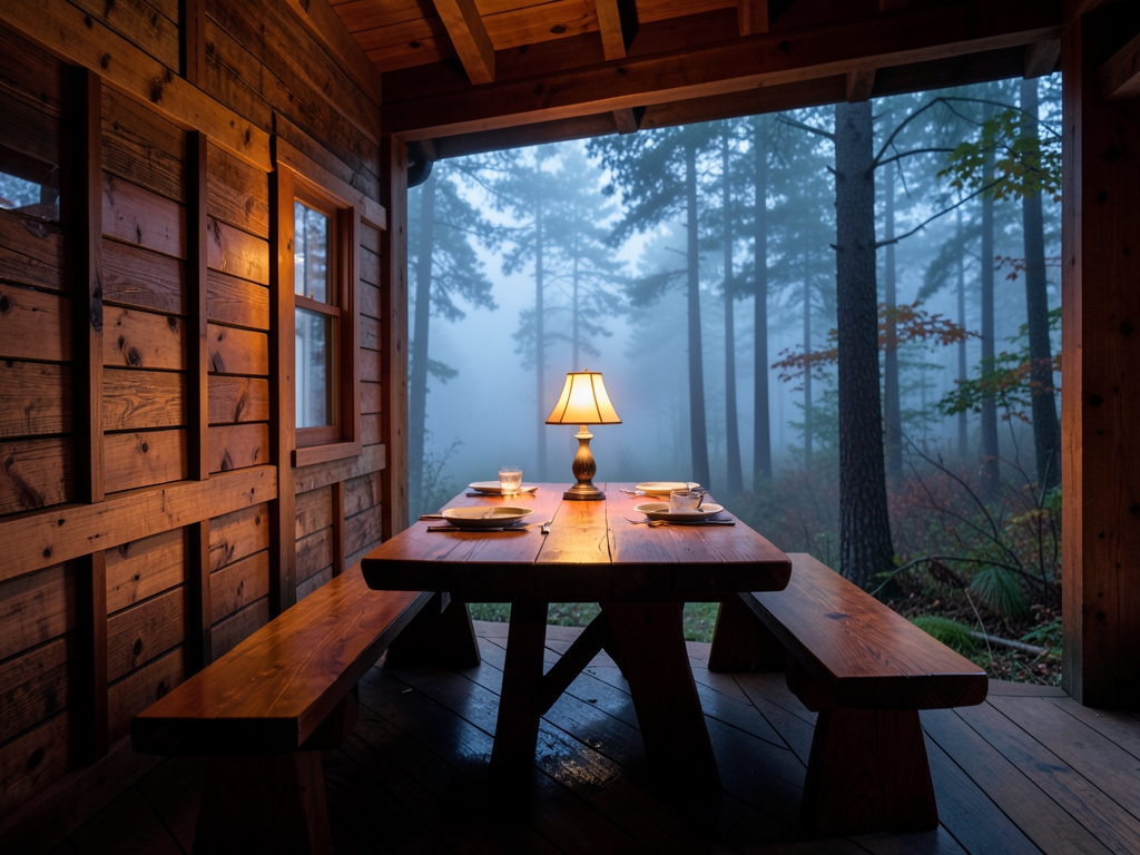 Warm wooden retreat cabin dusk with long table