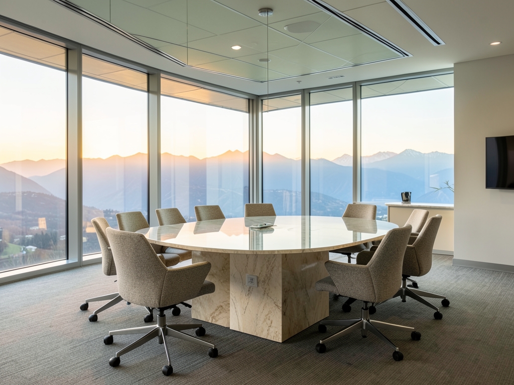 Bright modern meeting room with circle empty chairs