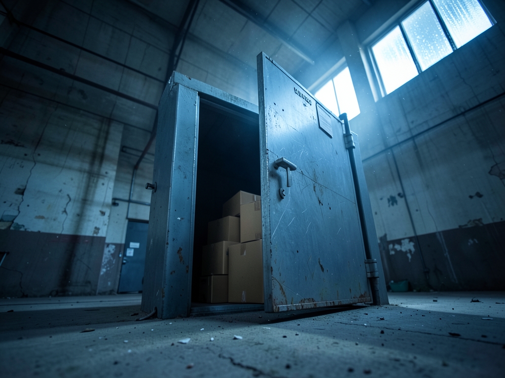 dimly customs warehouse interior where heavy steel vault
